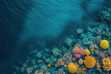 Poster - aerial view of vibrant coral reef under clear blue ocean waters