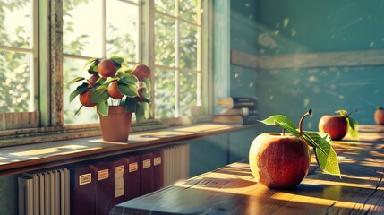 Wall Mural - Sunlight streams into a cozy classroom where apples rest on a desk alongside books and plants, creating an inviting space for learning and growth, symbolizing knowledge and calm.