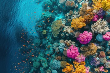 Poster - aerial view of vibrant coral reef under clear blue ocean waters