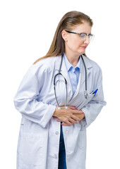 Sticker - Middle age mature doctor woman wearing medical coat over isolated background with hand on stomach because indigestion, painful illness feeling unwell. Ache concept.