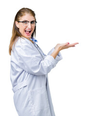 Poster - Middle age mature doctor woman wearing medical coat over isolated background Pointing to the side with hand and open palm, presenting ad smiling happy and confident