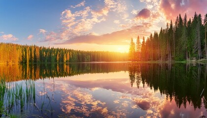 Wall Mural - forest lake at sunset soft sunlight glowing pink and golden clouds reflection in a crystal clear water idyllic landscape panoramic view nature ecology ecotourism peace and joy concepts