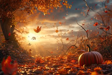 Poster - Golden autumn sunset, swirling leaves, carved pumpkin, autumn landscape filled with crunchy leaves, pumpkins and warm, setting sun in the background