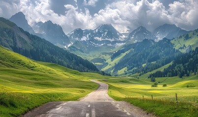 Wall Mural - The road through the alpine landscape leading to the pass