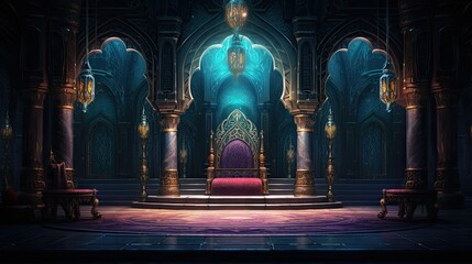 Aufkleber - a room with a stained glass window and a carpet, image featuring an Islamic mihrab with ornate decorations and bright jewel tones