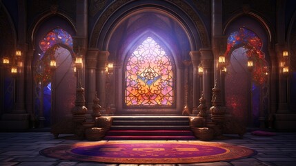 Aufkleber - a room with a stained glass window and a carpet, image featuring an Islamic mihrab with ornate decorations and bright jewel tones