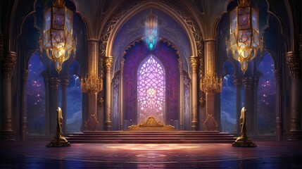 Aufkleber - a room with a stained glass window and a carpet, image featuring an Islamic mihrab with ornate decorations and bright jewel tones