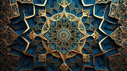Leinwandbilder - a blue and yellow wall with a decorative design, image showcasing intricate Islamic geometrical patterns for Ramadan