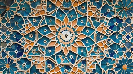Leinwandbilder - a blue and yellow wall with a decorative design, image showcasing intricate Islamic geometrical patterns for Ramadan