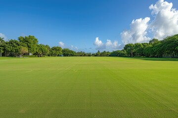 Poster - a green field with trees and a blue sky, panoramic view of large, well-maintained cricket field