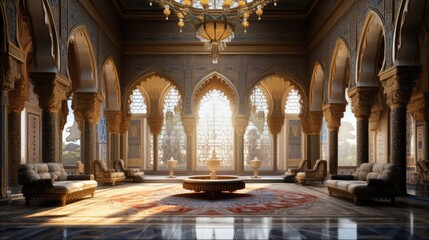 Aufkleber - a large room with a chandelier and a table, panoramic view of lavish Arabic palace