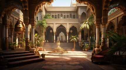 Aufkleber - a large room with a chandelier and a table, panoramic view of lavish Arabic palace
