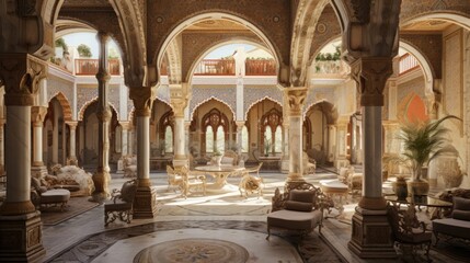 Aufkleber - a large room with a chandelier and a table, panoramic view of lavish Arabic palace