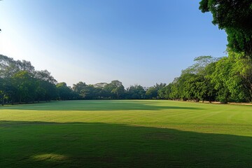 Poster - a green field with trees and a blue sky, panoramic view of large, well-maintained cricket field