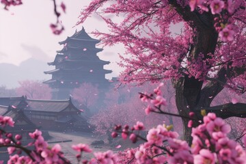 Aufkleber - a large building with a tower on top of it, pink cherry blossom tree with an ancient Japanese castle in the background