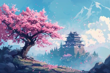 Aufkleber - a large building with a tower on top of it, pink cherry blossom tree with an ancient Japanese castle in the background