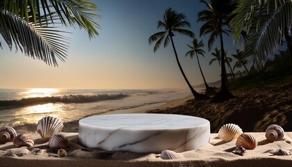 Wall Mural - minimal round marble podium aesthetic summer dais 3d podium with a premium summer beach background seaside sand waves shells and coconut trees for product showcase ai generated