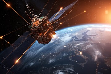 Aufkleber - a satellite in the air with a sun shining over it, satellite orbiting around the Earth, capturing signals and data