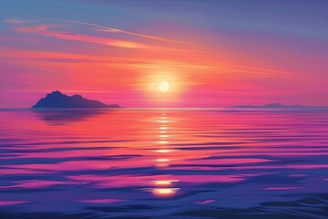 Aufkleber - a painting of a sunset over the ocean, serene sunset over the ocean, with view of an island in the distance