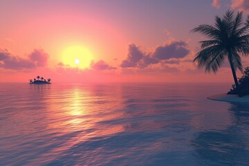 Aufkleber - a painting of a sunset over the ocean, serene sunset over the ocean, with view of an island in the distance