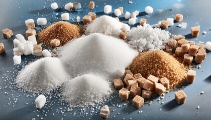 sugar and sweetener scattered on a blue background