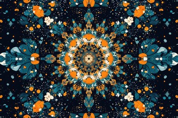 Wall Mural - a blue and orange flower pattern on a black background, symmetrical abstract pattern with repeating elements