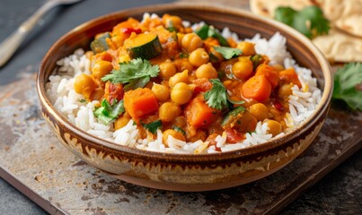 Wall Mural - Chickpea and vegetable curry served over fluffy basmati rice