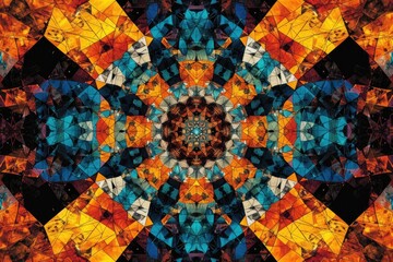 Poster - a blue and orange flower pattern on a black background, symmetrical abstract pattern with repeating elements