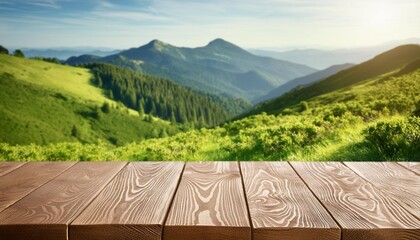 Wall Mural - wooden table against mountain hill blurry background