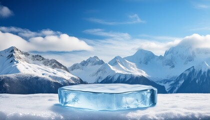 Wall Mural - close up of an empty ice podium or pedestal for display mockup or products presentation snowy and icy mountain peaks in the background with clear blue sky and clouds generative ai