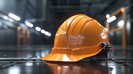 A close-up image of an orange hard hat placed on a construction site surface with bright lights in the background, symbolizing safety, construction work, and the building industry.