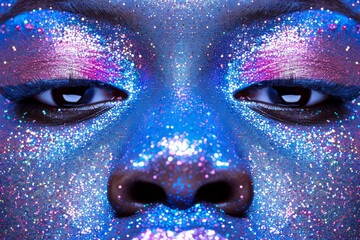 Creative closeup portrait of a person with glittering blue face paint set against a vibrant background showcasing modern fashion artistic expression and bold aesthetics