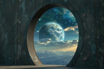 Poster - a view of the earth through a window, view of the universe through large keyhole