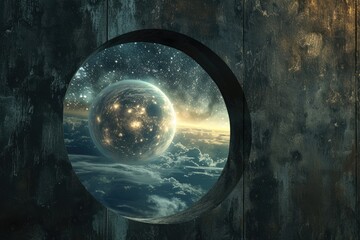 Poster - a view of the earth through a window, view of the universe through large keyhole