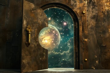 Poster - a view of the earth through a window, view of the universe through large keyhole
