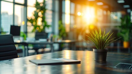 Poster - A desk with a plant and laptop on it.