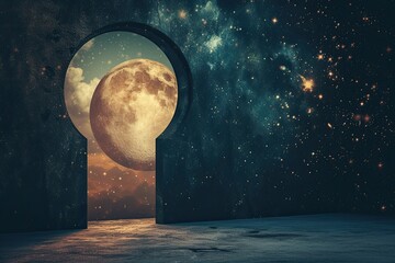 Poster - a view of the earth through a window, view of the universe through large keyhole