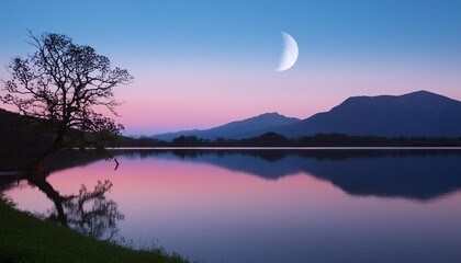 Wall Mural - tranquil lake and mountains in the soft light of dawn pink and blue sky with a glowing moon the dark silhouette of a tree is reflected in the water