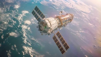 Poster - A spacecraft with solar panels deployed orbits Earth, showcasing the vastness of space.