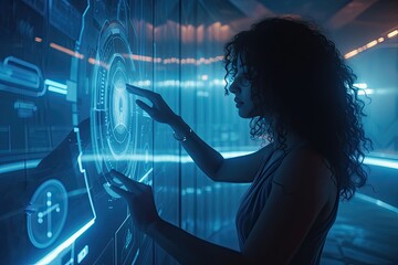 Leinwandbilder - a woman in a futuristic suit touching a screen, woman interacting with holographic interface in tech-filled room