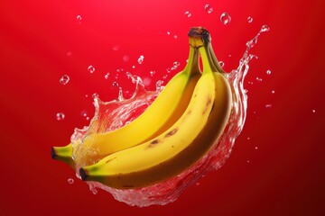 Bananas in Water Splashing Against Red Background