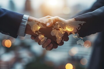 Fototapete - a group of people shaking hands in front of a map, Corporate mentors guiding young professionals