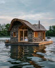 Wall Mural - A small house floating on the water.