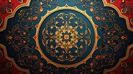 Aufkleber - a blue and red wall with a gold medallion, detailed design of beautiful arabic pattern, perfect for 