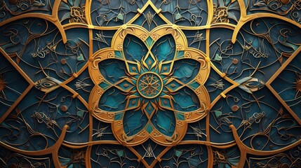 Aufkleber - a blue and red wall with a gold medallion, detailed design of beautiful arabic pattern, perfect for 