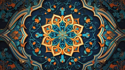 Aufkleber - a blue and red wall with a gold medallion, detailed design of beautiful arabic pattern, perfect for 