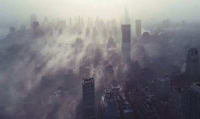 Wall Mural - Dissolving fog rolls over a city skyline, creating an abstract cityscape of muted tones