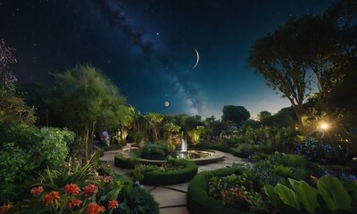 Wall Mural - a serene garden set in space, with celestial bodies like stars and planets in the background, and pl