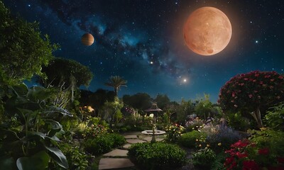 Wall Mural - a serene garden set in space, with celestial bodies like stars and planets in the background, and pl