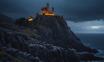 A dark, imposing castle perched on a rocky cliff, with stormy skies, jagged rocks below, and eerie lights emanating from the castle windows.